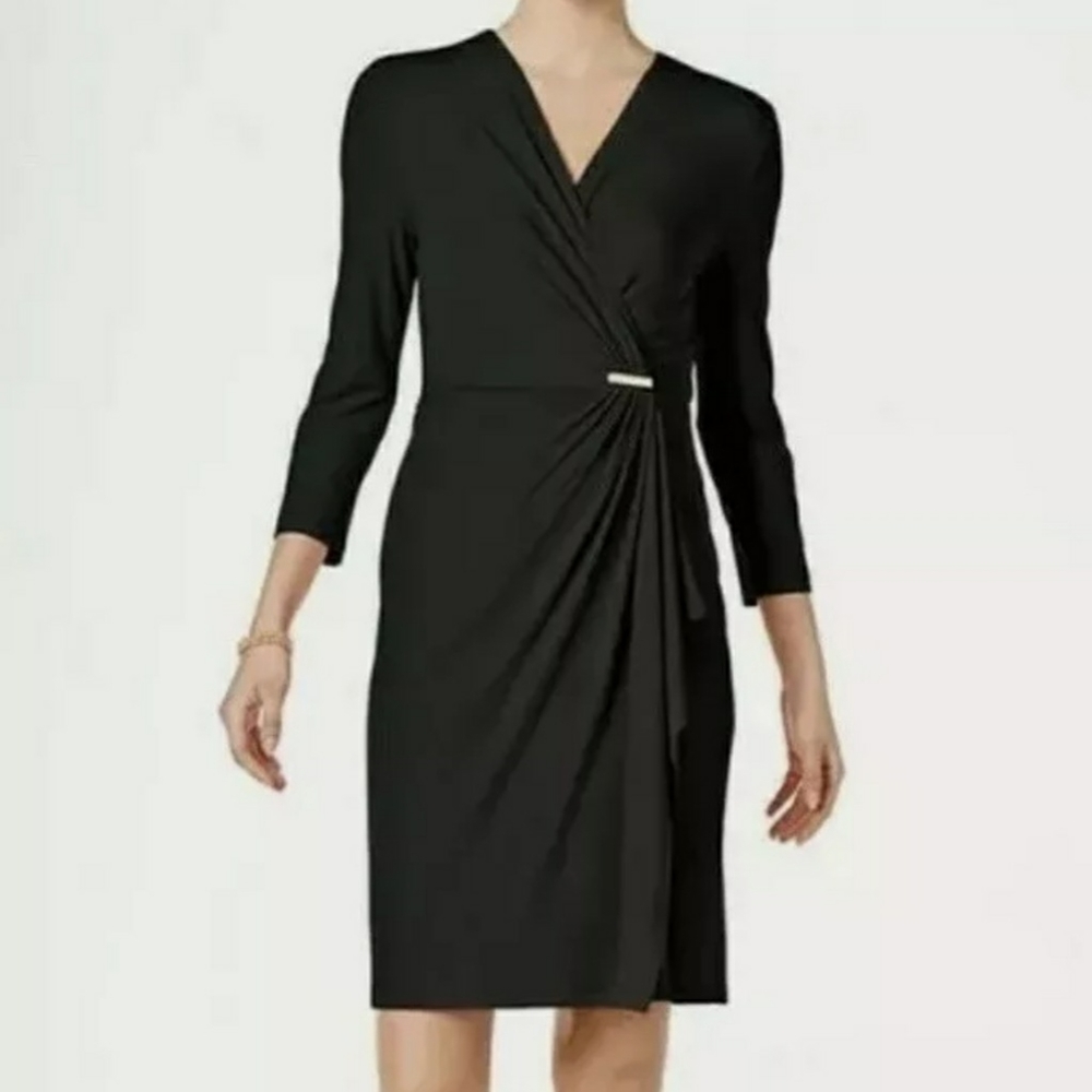 Charter Club Black Faux Wrap Knee Length Stretch
